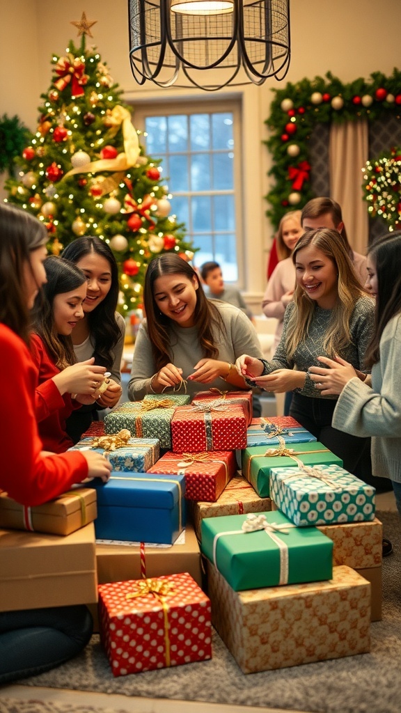 Christmas Gift Exchange Rules A joyful Christmas gift exchange with wrapped presents under a tree and people unwrapping gifts.
